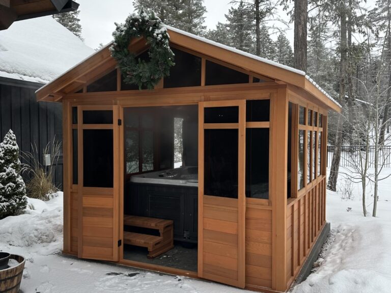 gable roof hot-tub-gazebo in forest with snow all around