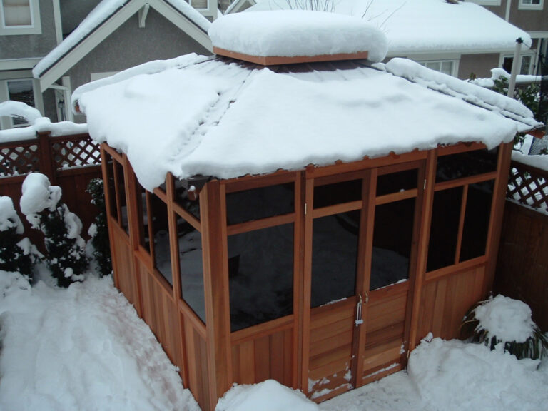 snow covered spa gazebo in winter Canada