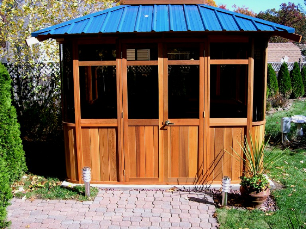 front view of a blue metal roof gazebo