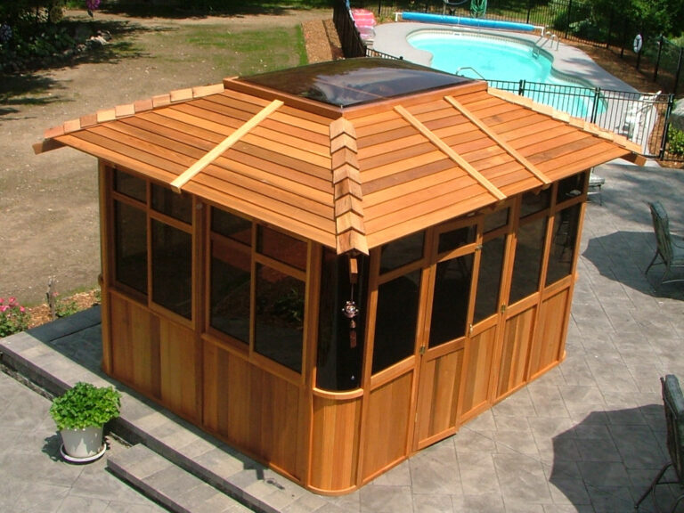 solid cedar wood spa gazebo with swimming pool